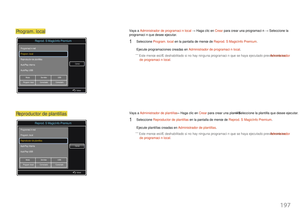 Samsung LH46UECPLGC/EN manual 197, Reproductor de plantillas, Ejecute plantillas creadas en Administrador de plantillas 