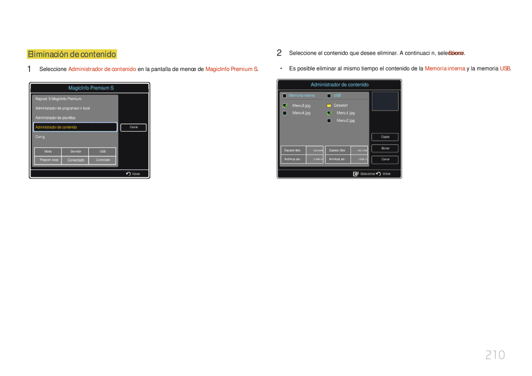 Samsung LH55UECPLGC/EN, LH46UECPLGC/EN manual 210, Eliminación de contenido 