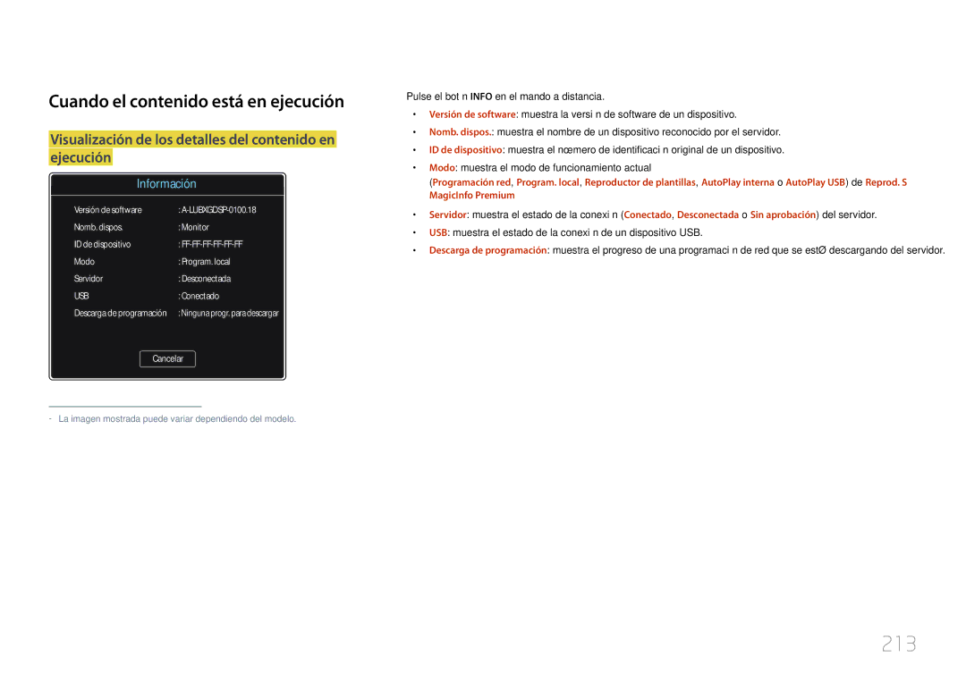 Samsung LH46UECPLGC/EN, LH55UECPLGC/EN manual 213, Cuando el contenido está en ejecución 