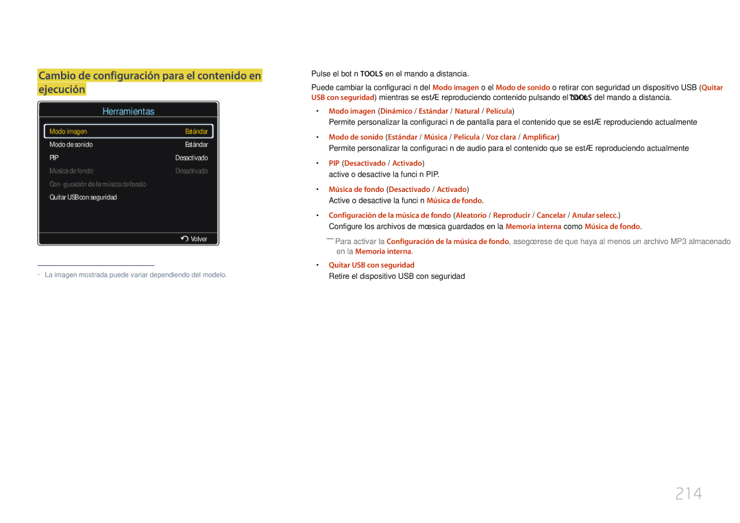 Samsung LH55UECPLGC/EN, LH46UECPLGC/EN manual 214, Cambio de configuración para el contenido en ejecución 