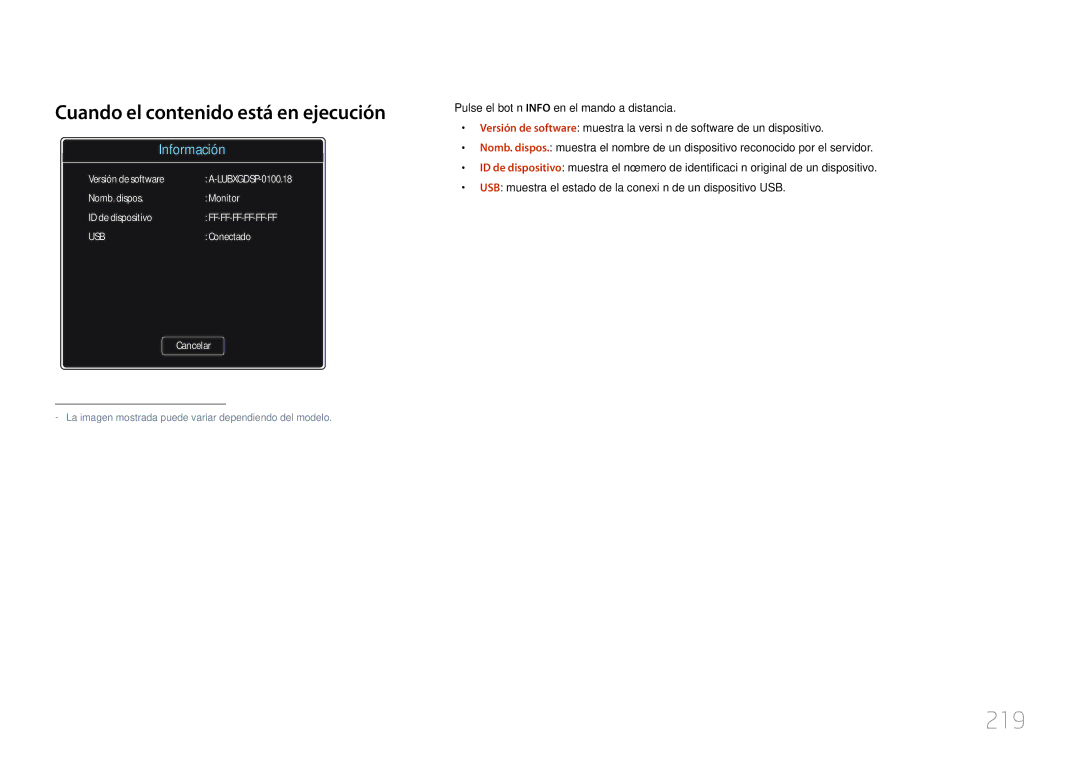 Samsung LH46UECPLGC/EN, LH55UECPLGC/EN manual 219, Cuando el contenido está en ejecución 