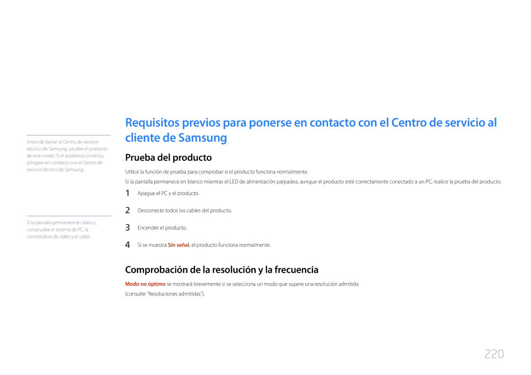 Samsung LH55UECPLGC/EN Solución de problemas, 220, Prueba del producto, Comprobación de la resolución y la frecuencia 
