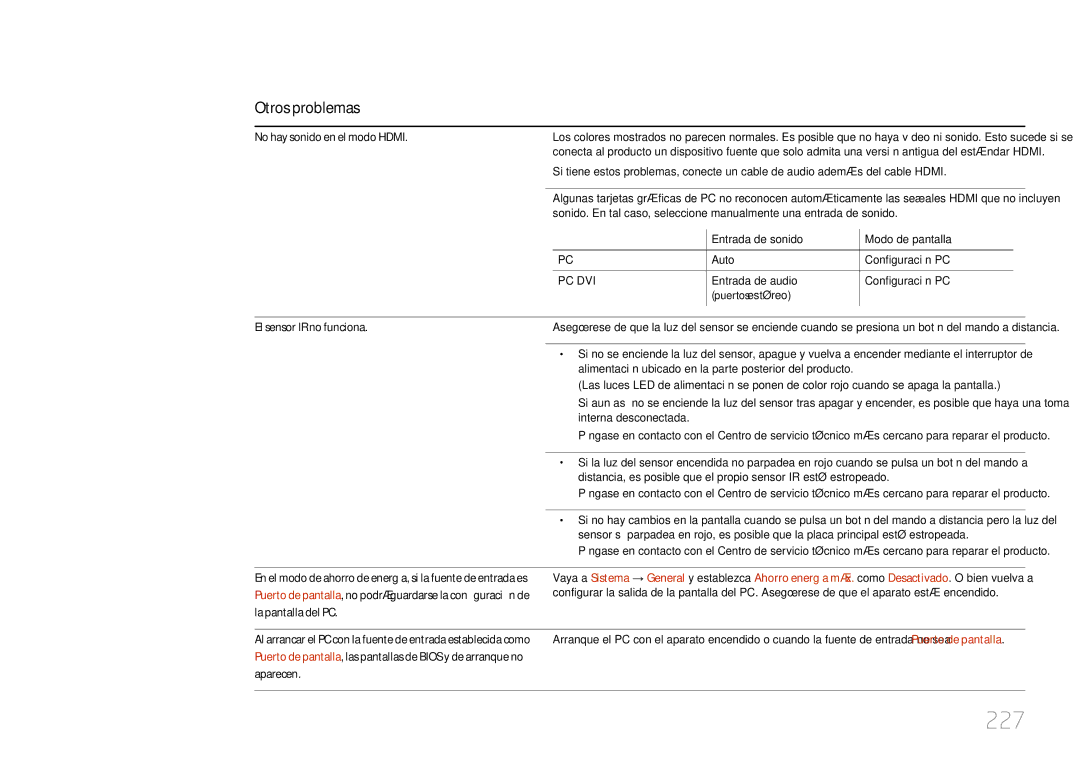 Samsung LH46UECPLGC/EN, LH55UECPLGC/EN manual 227, No hay sonido en el modo Hdmi, El sensor IR no funciona 