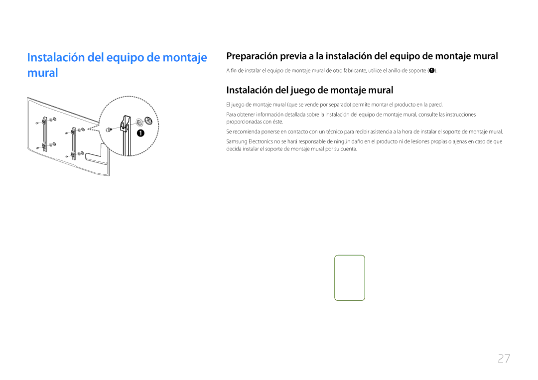 Samsung LH46UECPLGC/EN, LH55UECPLGC/EN Instalación del equipo de montaje mural, Instalación del juego de montaje mural 