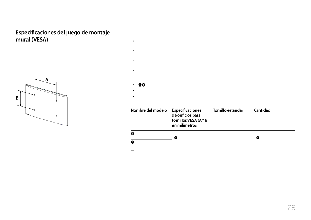 Samsung LH55UECPLGC/EN, LH46UECPLGC/EN manual Especificaciones del juego de montaje mural Vesa, En milímetros 