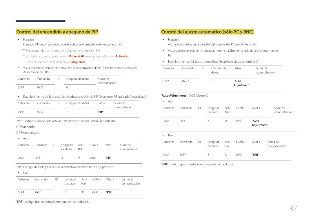 Samsung LH46UECPLGC/EN manual Control del encendido y apagado de PIP, Control del ajuste automático sólo PC y BNC, Función 