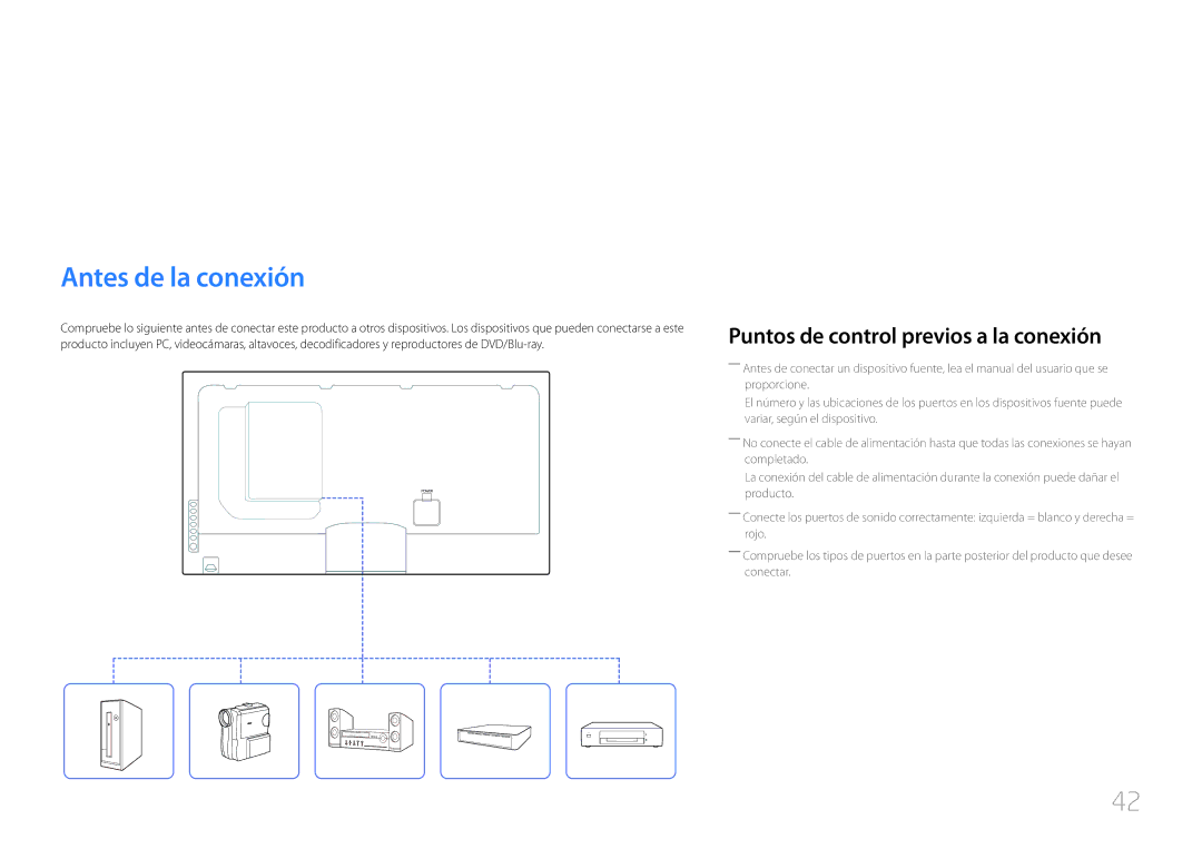 Samsung LH55UECPLGC/EN, LH46UECPLGC/EN manual Conexión y uso de un dispositivo fuente, Antes de la conexión 