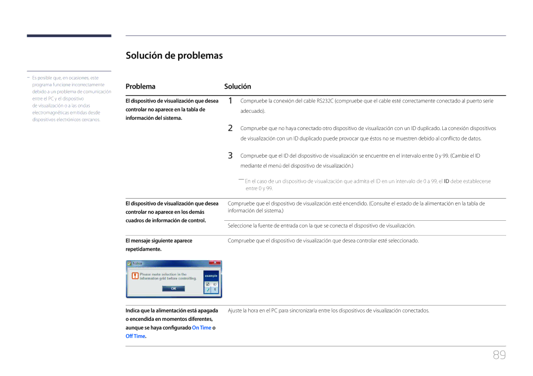 Samsung LH46UECPLGC/EN manual Solución de problemas, Problema Solución, Mediante el menú del dispositivo de visualización 