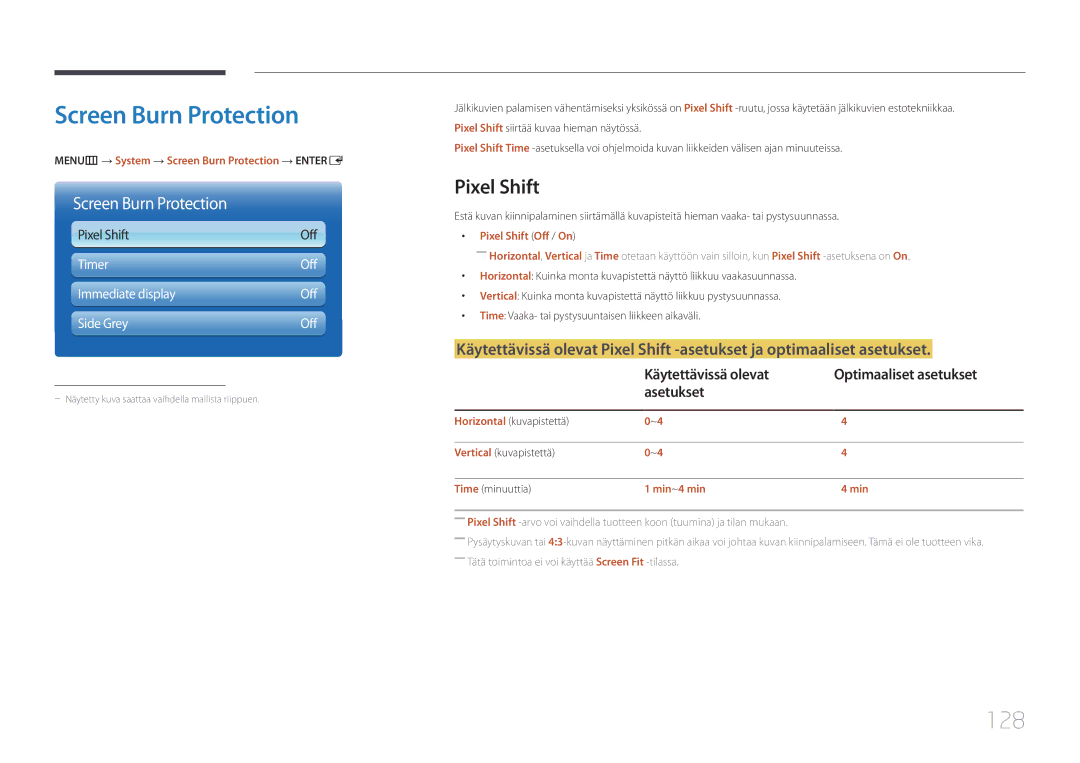 Samsung LH55UECPLGC/EN Screen Burn Protection, 128, Pixel Shift, Käytettävissä olevat Optimaaliset asetukset Asetukset 