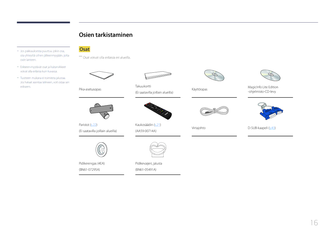 Samsung LH55UECPLGC/EN, LH46UECPLGC/EN manual Osien tarkistaminen, Osat 