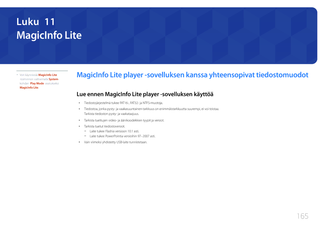 Samsung LH46UECPLGC/EN, LH55UECPLGC/EN manual 165, Lue ennen MagicInfo Lite player -sovelluksen käyttöä 