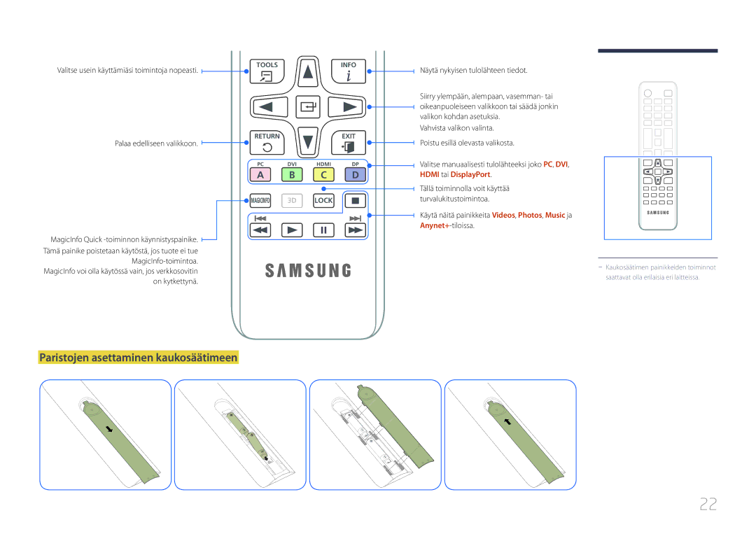 Samsung LH55UECPLGC/EN manual Paristojen asettaminen kaukosäätimeen, Valitse usein käyttämiäsi toimintoja nopeasti 