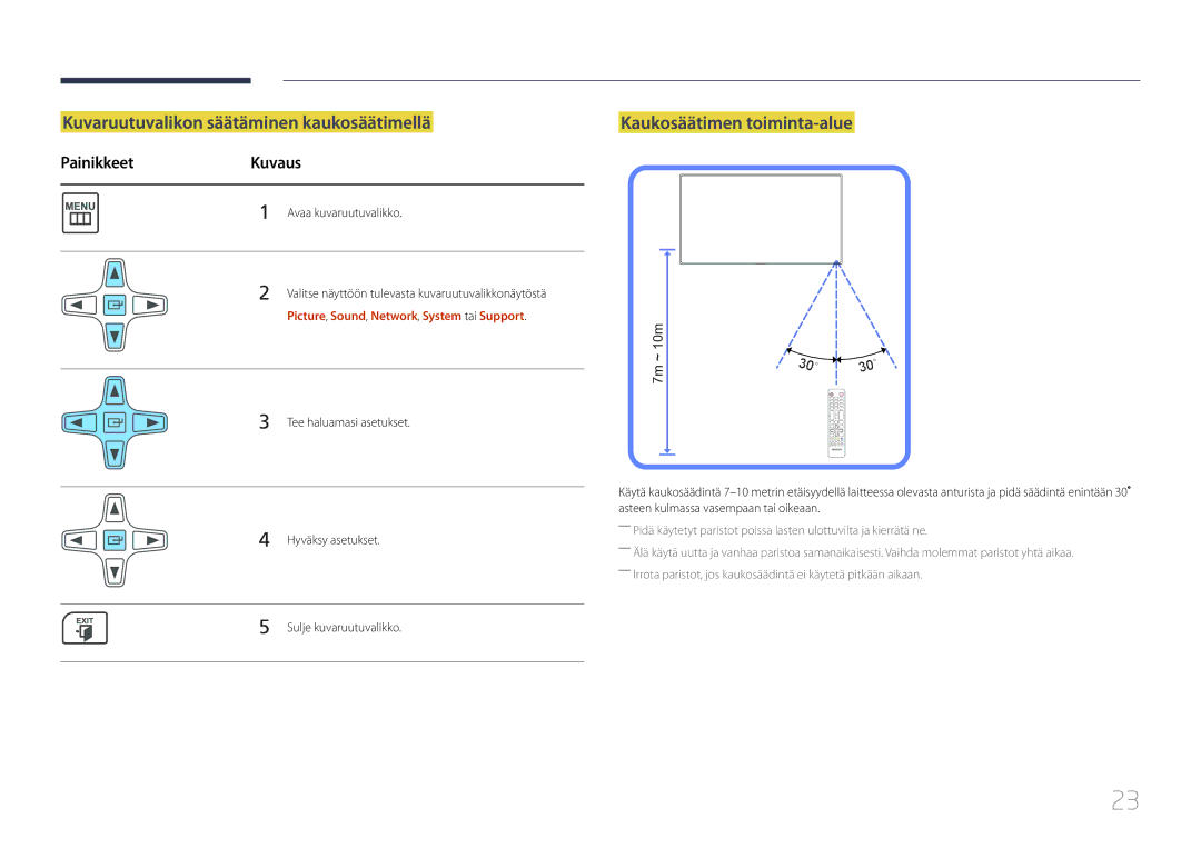 Samsung LH46UECPLGC/EN, LH55UECPLGC/EN manual Kuvaruutuvalikon säätäminen kaukosäätimellä, Kaukosäätimen toiminta-alue 