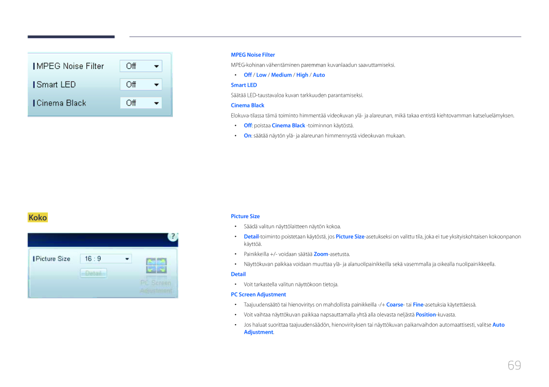 Samsung LH46UECPLGC/EN, LH55UECPLGC/EN manual Koko, Säätää LED-taustavaloa kuvan tarkkuuden parantamiseksi 