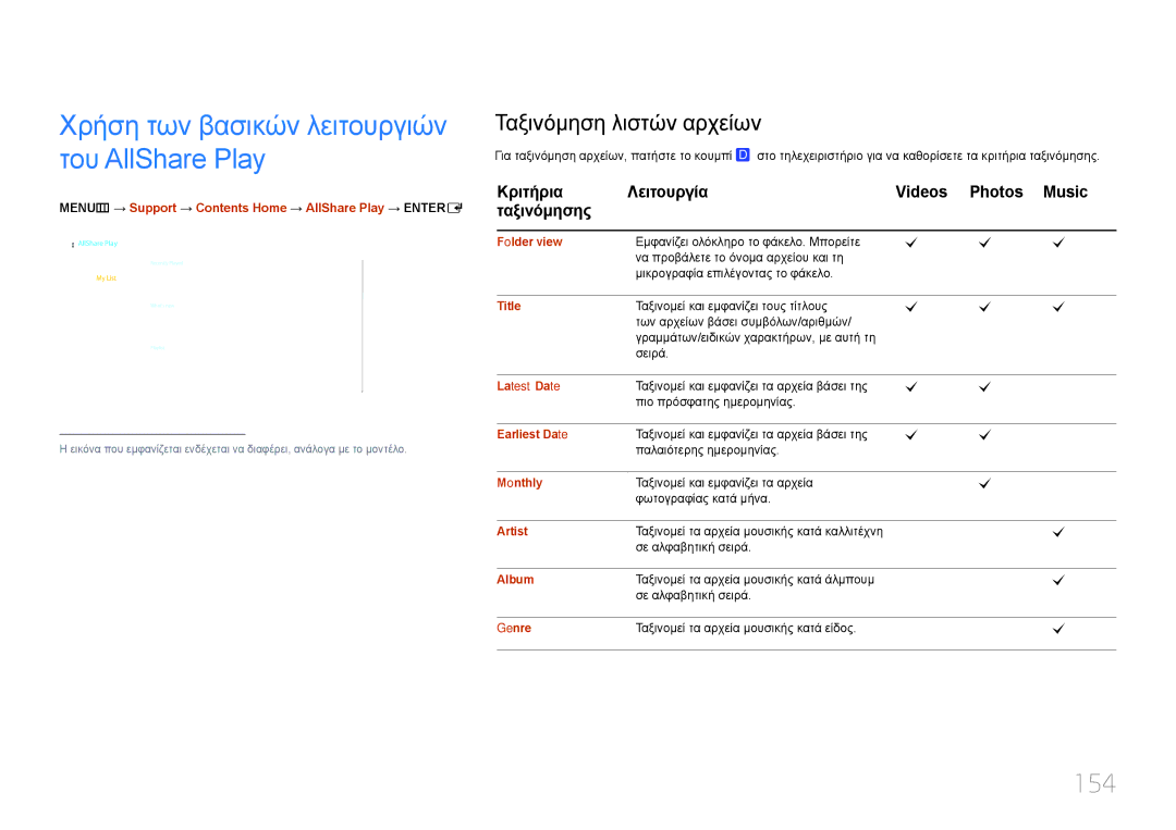 Samsung LH55UECPLGC/EN, LH46UECPLGC/EN Χρήση των βασικών λειτουργιών του AllShare Play, 154, Ταξινόμηση λιστών αρχείων 