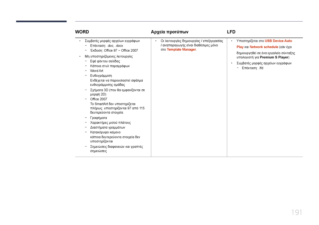 Samsung LH46UECPLGC/EN, LH55UECPLGC/EN manual 191, Αρχεία προτύπων, Play και Network schedule εάν έχει 