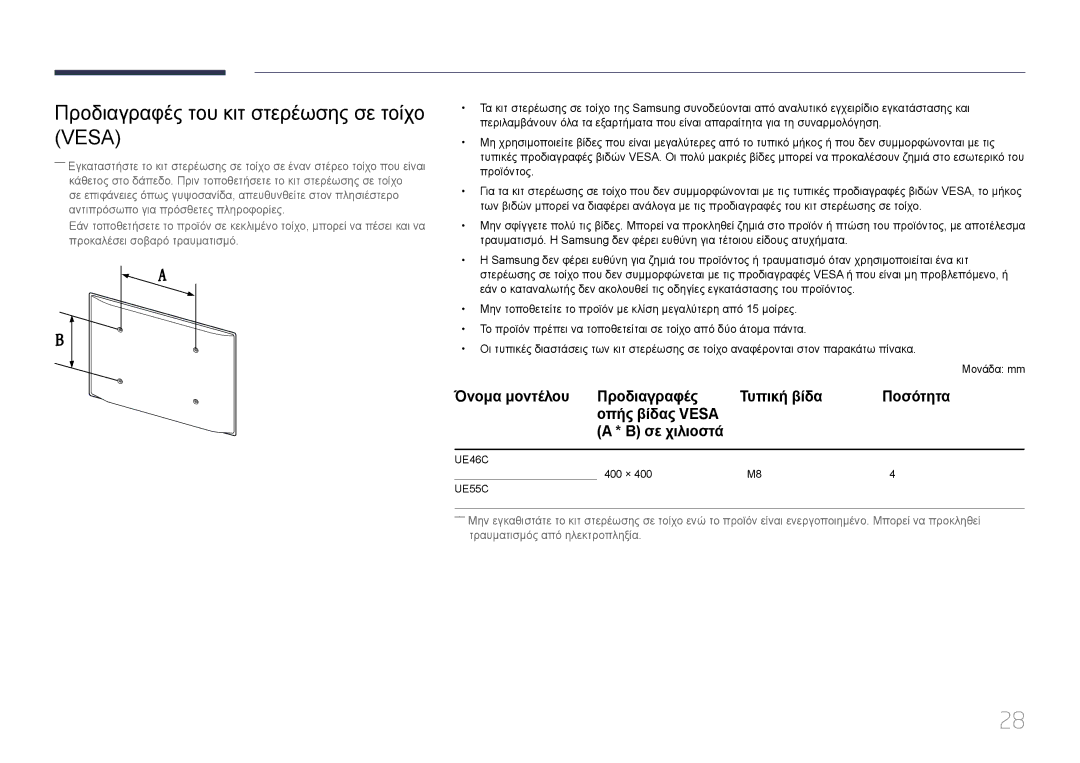Samsung LH55UECPLGC/EN, LH46UECPLGC/EN manual Προδιαγραφές του κιτ στερέωσης σε τοίχο Vesa 