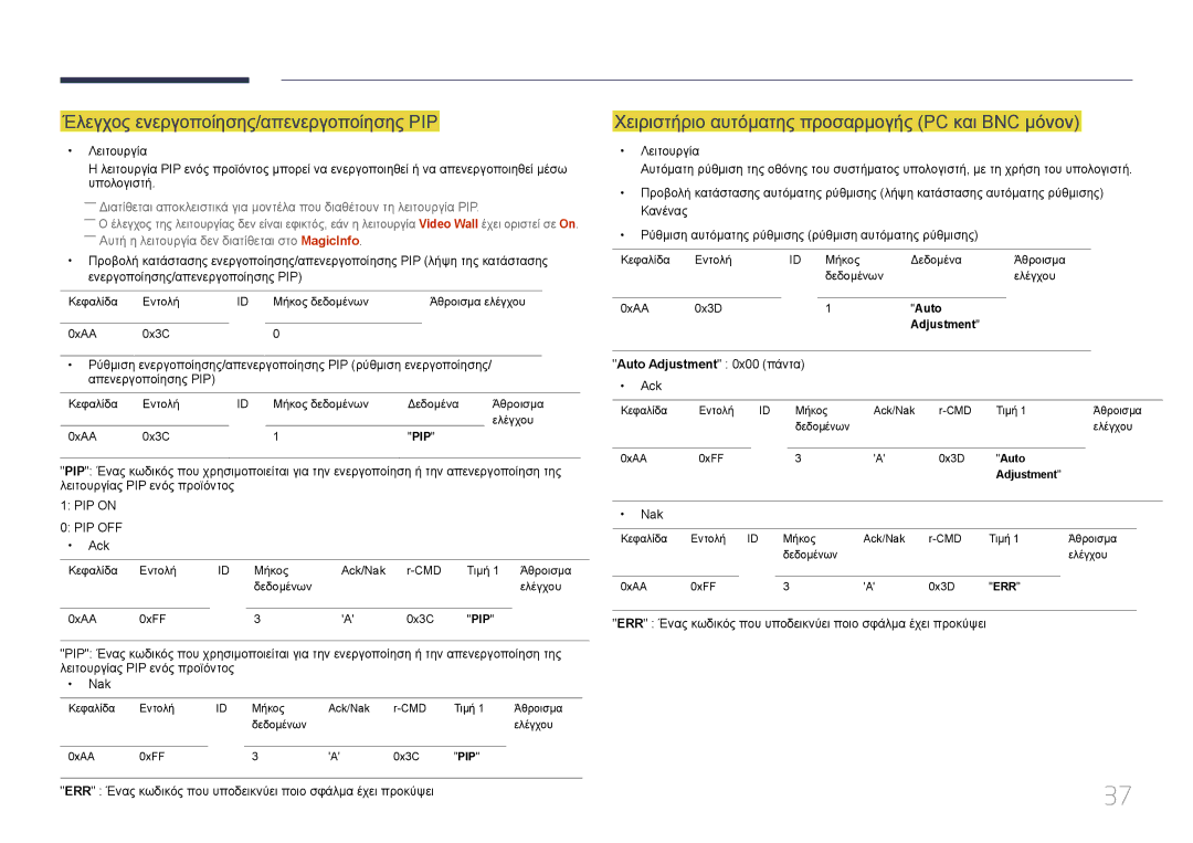 Samsung LH46UECPLGC/EN manual Έλεγχος ενεργοποίησης/απενεργοποίησης PIP, Χειριστήριο αυτόματης προσαρμογής PC και BNC μόνον 