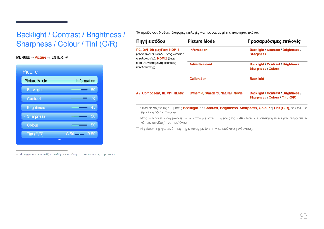 Samsung LH55UECPLGC/EN, LH46UECPLGC/EN manual Πηγή εισόδου Picture Mode, MENUm→ Picture → Entere 