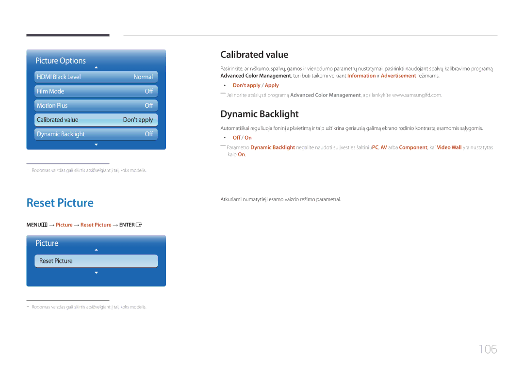 Samsung LH55UECPLGC/EN manual Reset Picture, 106, Calibrated value, Dynamic Backlight 