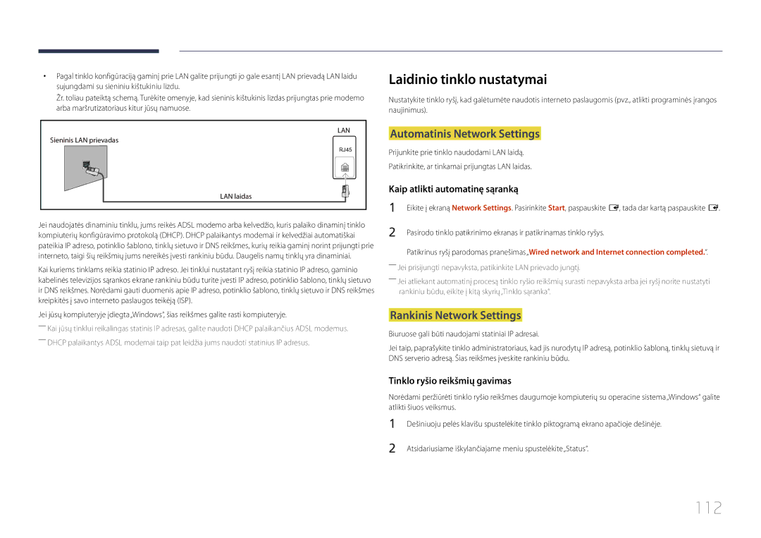 Samsung LH55UECPLGC/EN manual 112, Laidinio tinklo nustatymai, Automatinis Network Settings, Rankinis Network Settings 