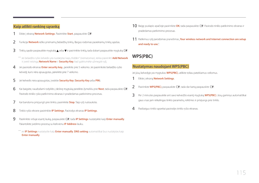 Samsung LH55UECPLGC/EN manual 115, Kaip atlikti rankinę sąranką, Nustatymas naudojant Wpspbc 