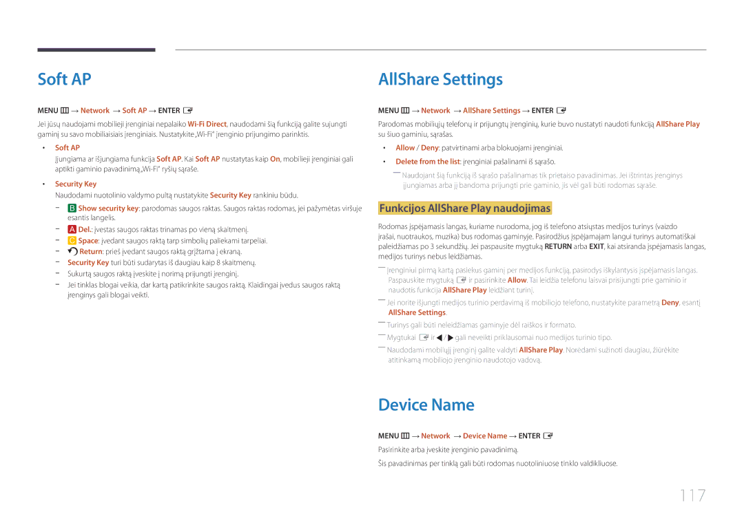 Samsung LH55UECPLGC/EN manual Soft AP, Device Name, 117, Funkcijos AllShare Play naudojimas 