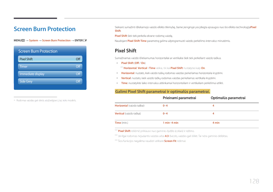 Samsung LH55UECPLGC/EN manual Screen Burn Protection, 128, Galimi Pixel Shift parametrai ir optimalūs parametrai 