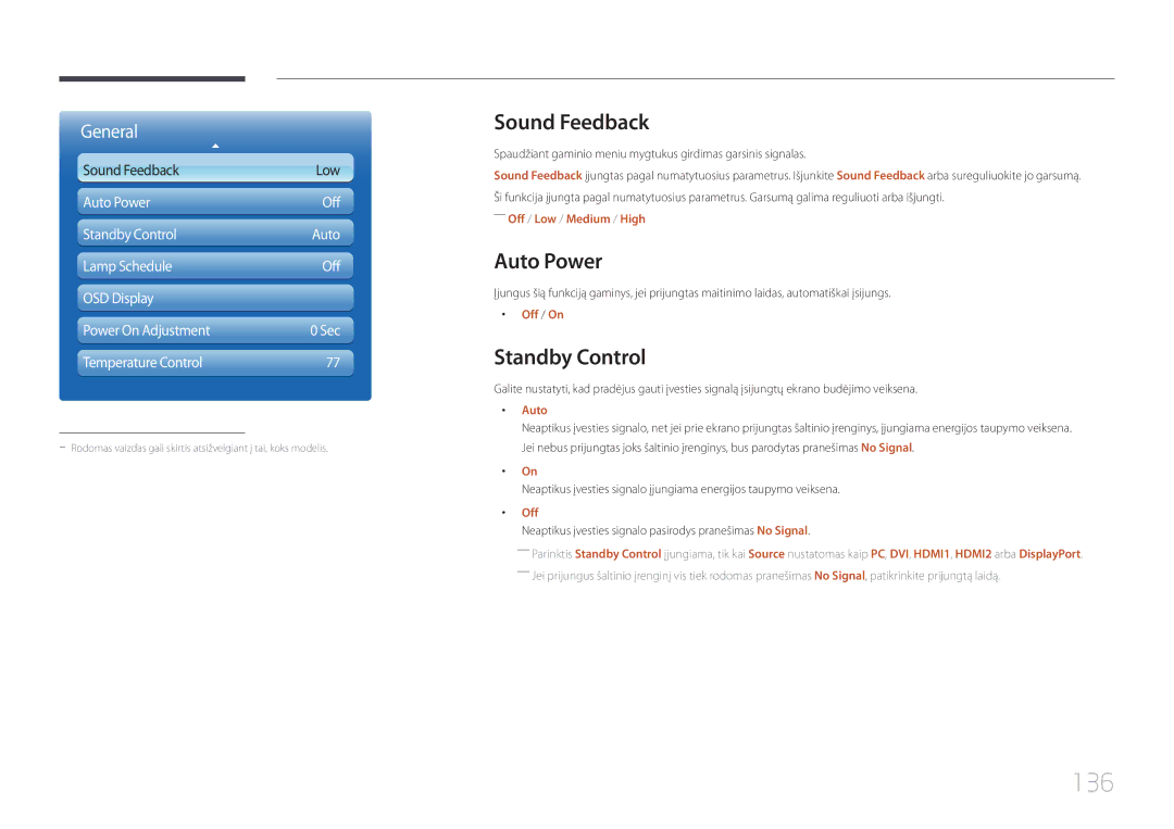 Samsung LH55UECPLGC/EN manual 136, Sound Feedback, Auto Power, Standby Control 