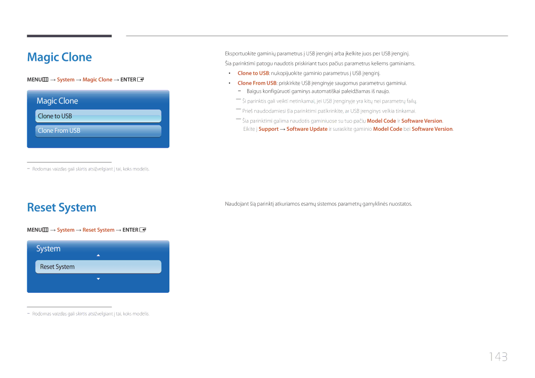 Samsung LH55UECPLGC/EN manual Reset System, 143, MENUm → System → Magic Clone → Entere 