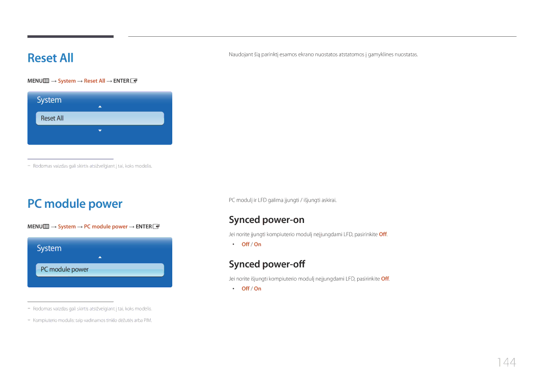 Samsung LH55UECPLGC/EN manual Reset All, PC module power, 144, Synced power-on, Synced power-off 