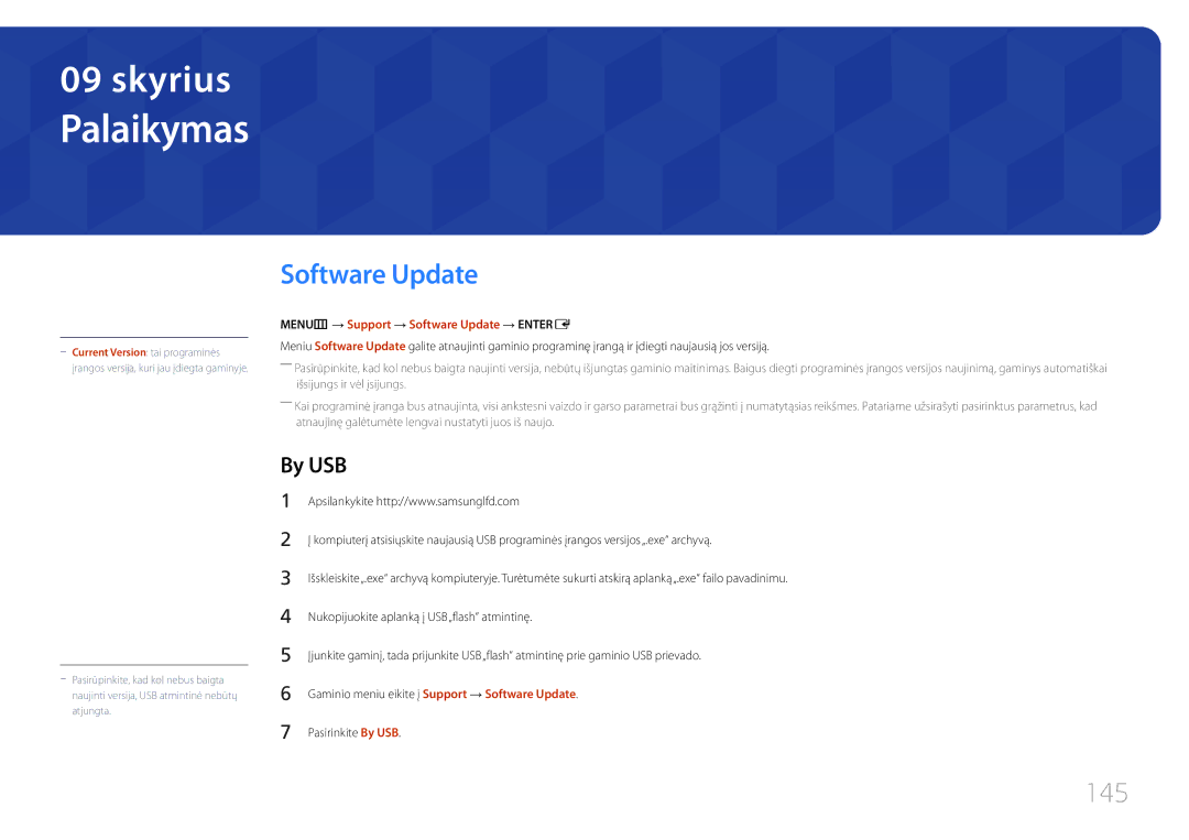 Samsung LH55UECPLGC/EN manual Palaikymas, 145, By USB, MENUm → Support → Software Update → Entere 
