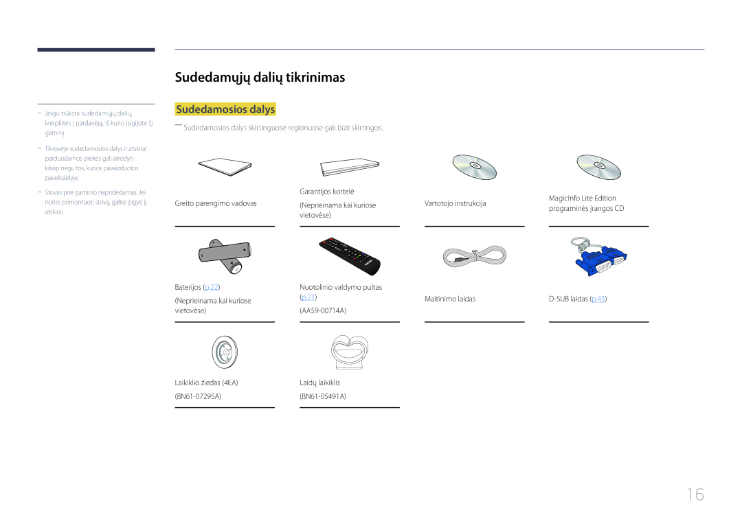 Samsung LH55UECPLGC/EN manual Sudedamųjų dalių tikrinimas, Sudedamosios dalys 