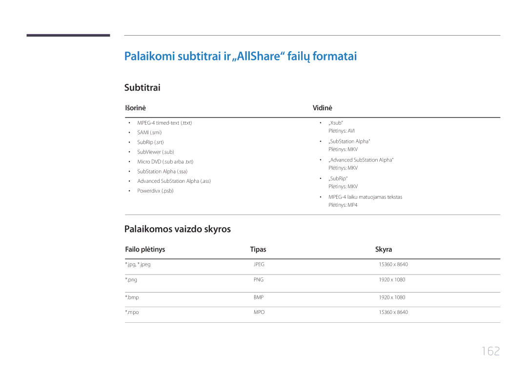 Samsung LH55UECPLGC/EN manual Palaikomi subtitrai ir„AllShare failų formatai, 162, Subtitrai, Palaikomos vaizdo skyros 