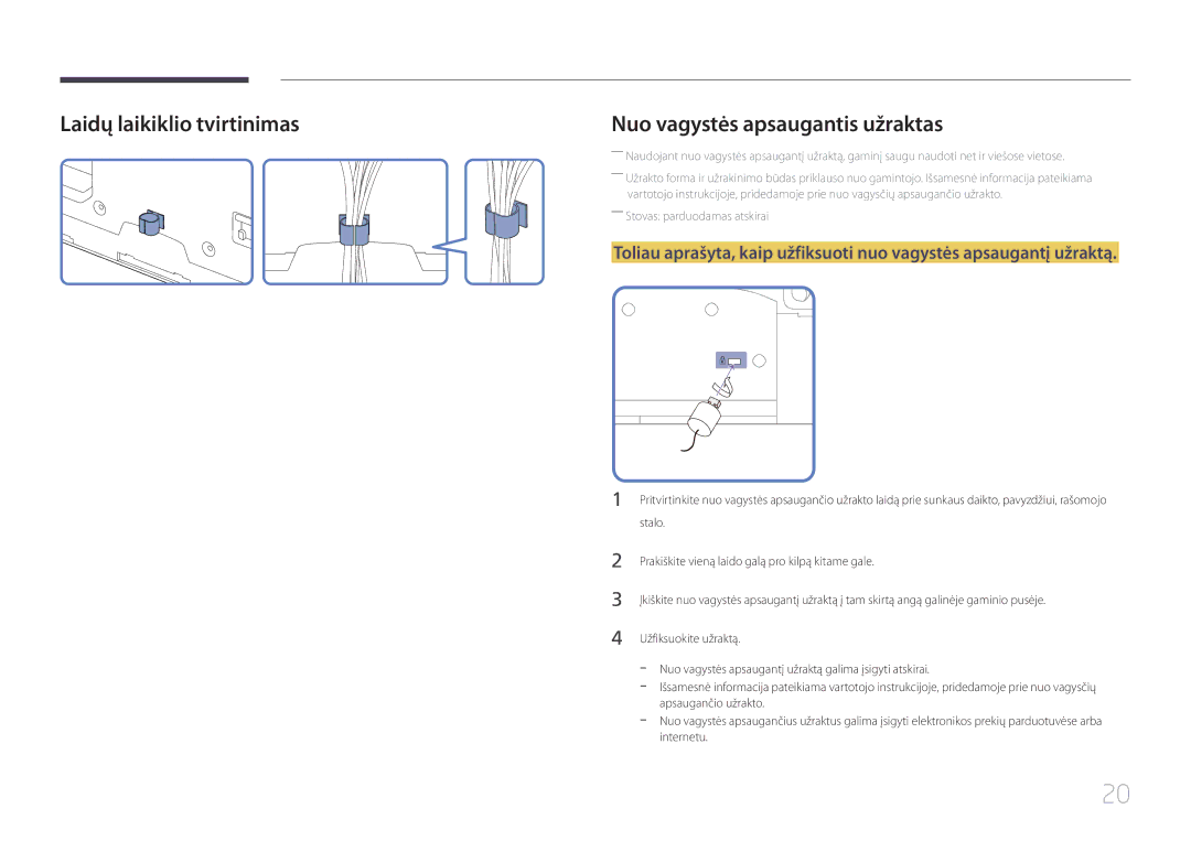 Samsung LH55UECPLGC/EN manual Laidų laikiklio tvirtinimas, Nuo vagystės apsaugantis užraktas 