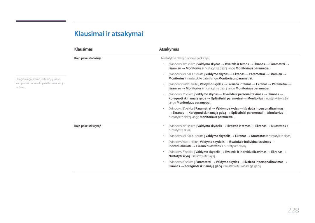 Samsung LH55UECPLGC/EN manual Klausimai ir atsakymai, 228, Klausimas Atsakymas 