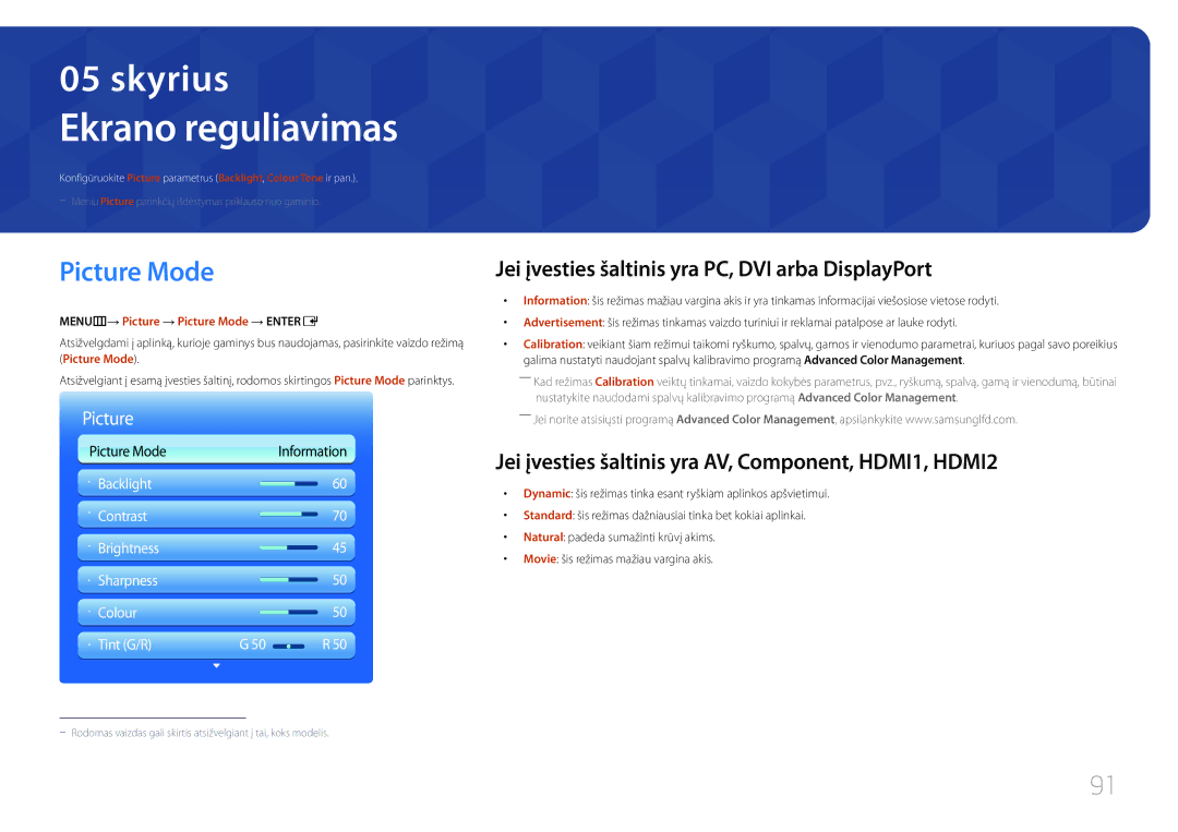 Samsung LH55UECPLGC/EN manual Ekrano reguliavimas, Picture Mode, Jei įvesties šaltinis yra PC, DVI arba DisplayPort 