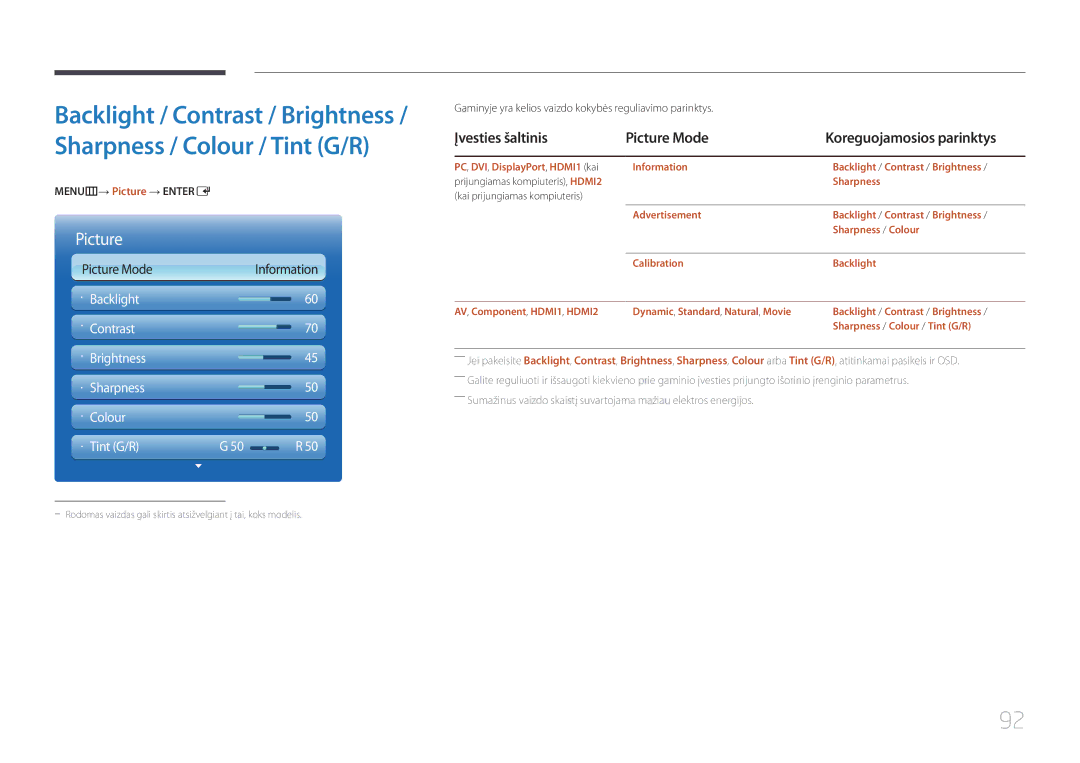 Samsung LH55UECPLGC/EN manual Įvesties šaltinis Picture Mode, MENUm→ Picture → Entere 