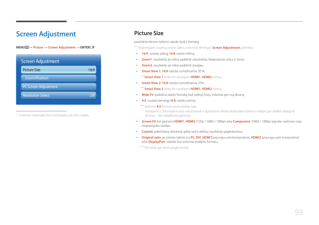 Samsung LH55UECPLGC/EN manual Picture Size, MENUm→ Picture → Screen Adjustment → Entere 