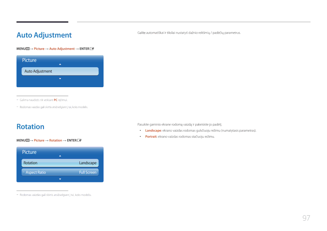 Samsung LH55UECPLGC/EN manual MENUm→ Picture → Auto Adjustment → Entere, MENUm→ Picture → Rotation → Entere 