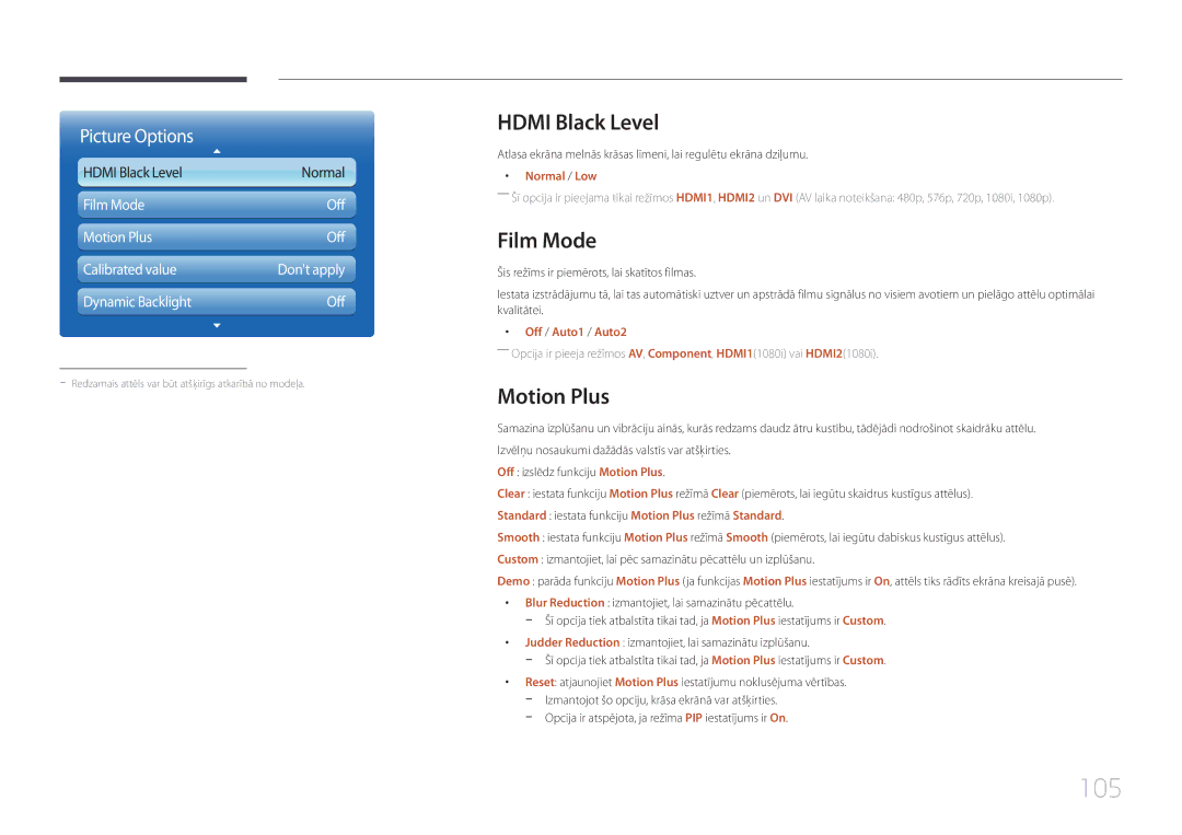 Samsung LH55UECPLGC/EN manual 105, Hdmi Black Level, Film Mode, Motion Plus 