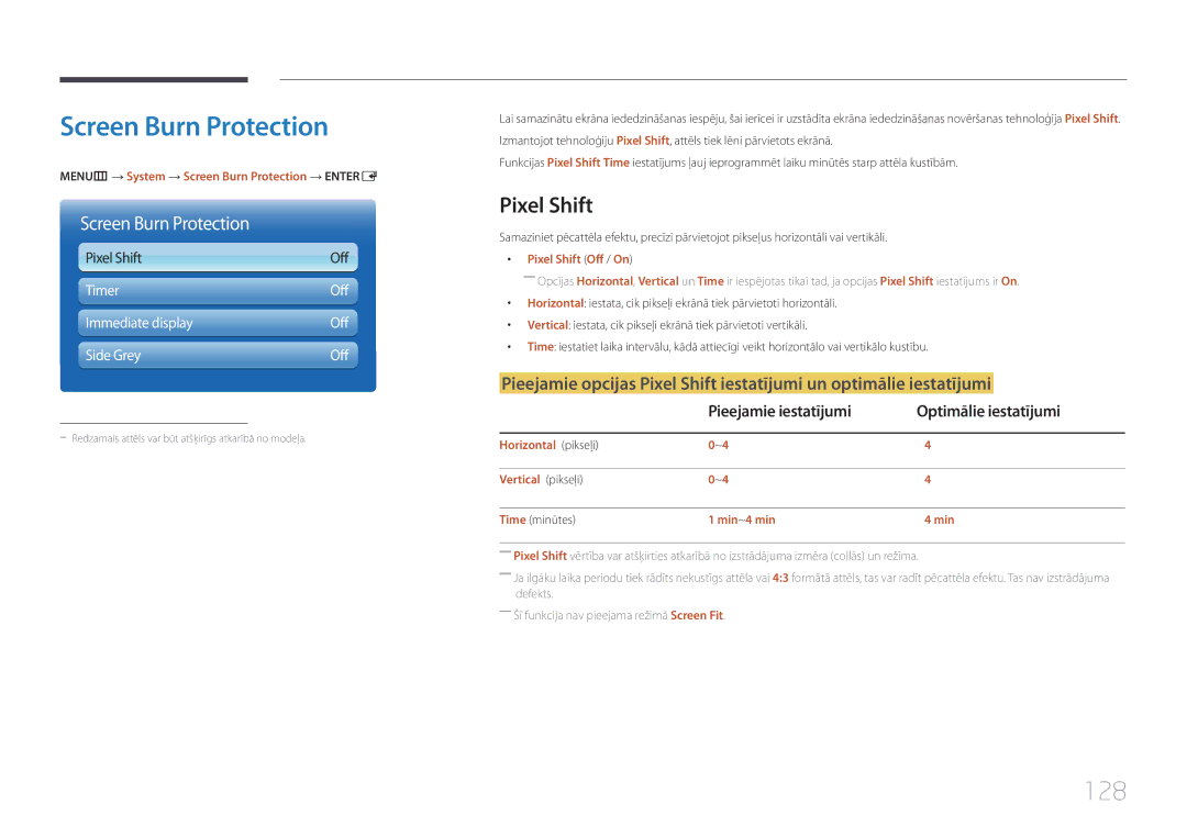 Samsung LH55UECPLGC/EN manual Screen Burn Protection, 128, Pixel Shift, Pieejamie iestatījumi Optimālie iestatījumi 