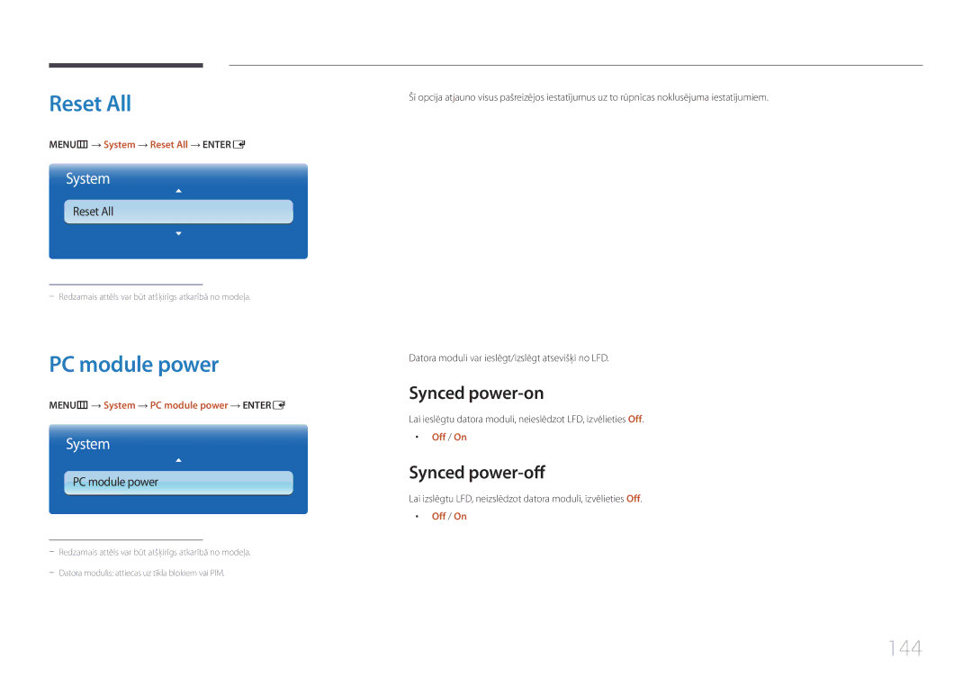 Samsung LH55UECPLGC/EN manual Reset All, PC module power, 144, Synced power-on, Synced power-off 