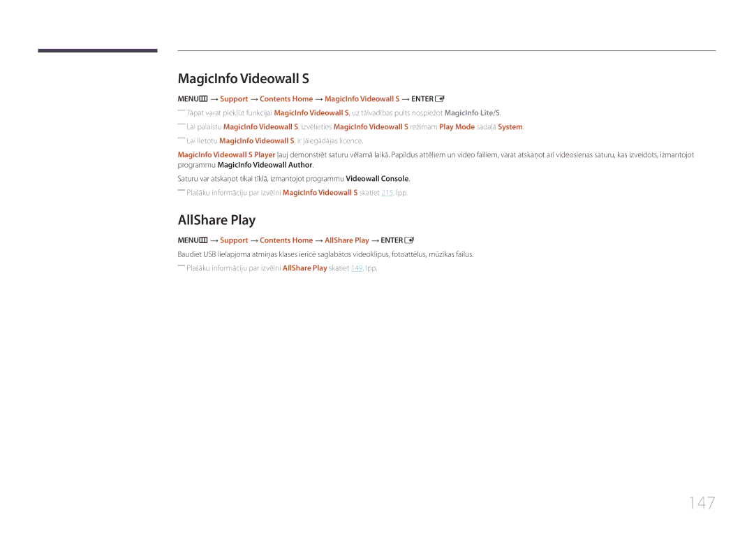 Samsung LH55UECPLGC/EN manual 147, MagicInfo Videowall S, MENUm → Support → Contents Home → AllShare Play → Entere 