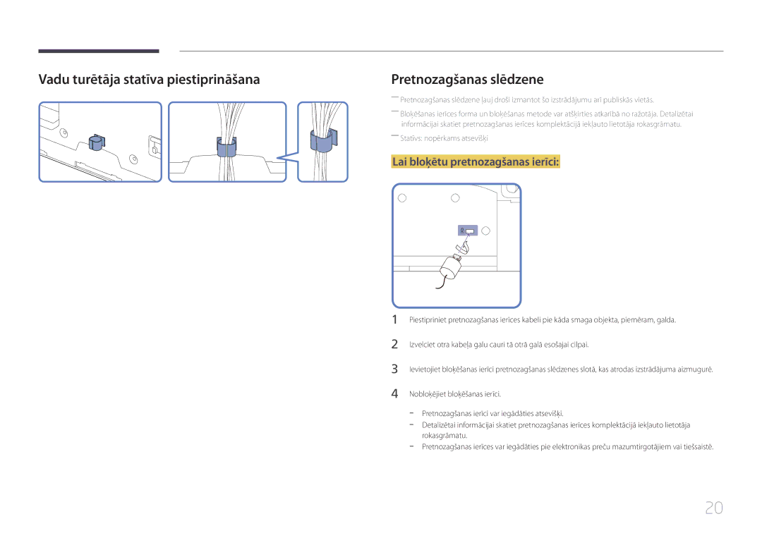 Samsung LH55UECPLGC/EN manual Vadu turētāja statīva piestiprināšana, Lai bloķētu pretnozagšanas ierīci 