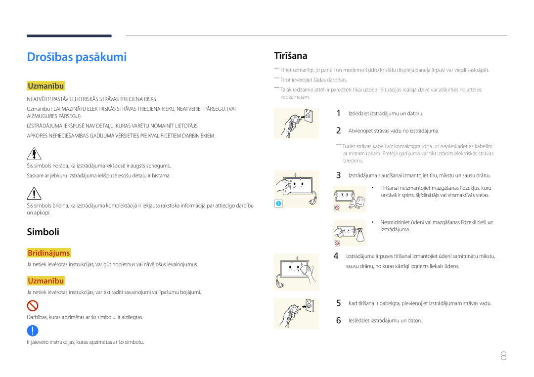 Samsung LH55UECPLGC/EN manual Drošības pasākumi, Simboli, Tīrīšana, Uzmanību 