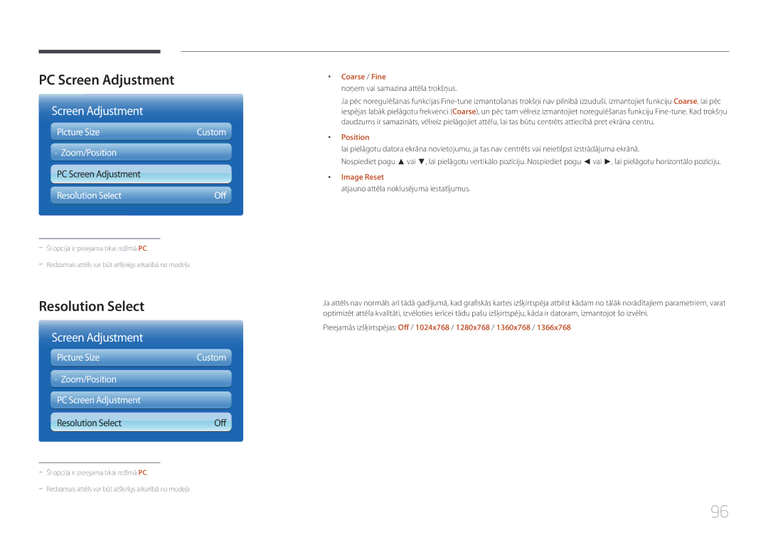 Samsung LH55UECPLGC/EN manual PC Screen Adjustment, Resolution Select, Coarse / Fine, Position, Image Reset 