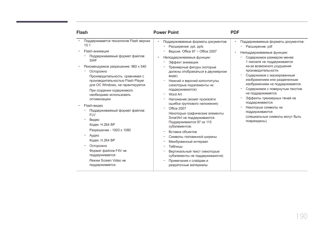 Samsung LH55UECPLGC/EN manual 190, Flash Power Point, Flash-видео Поддерживаемый формат файлов, Видео, Office 