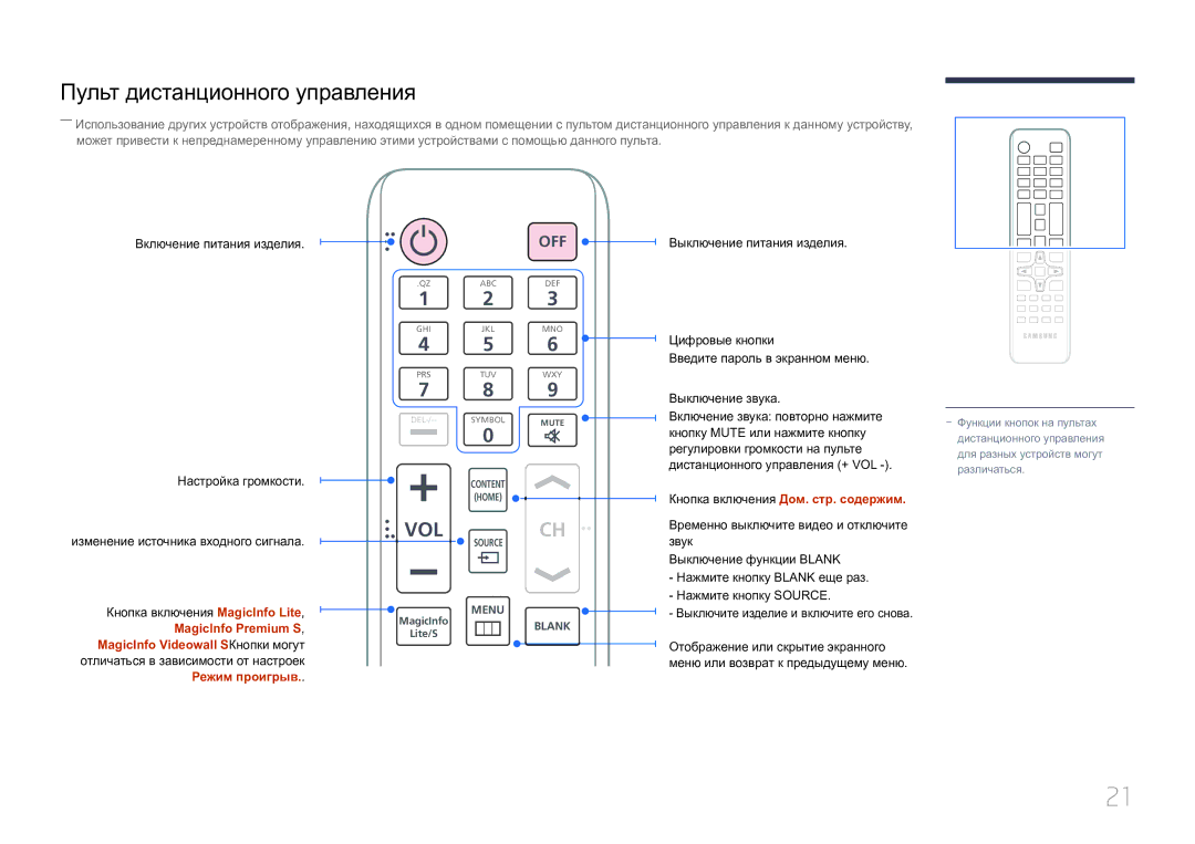 Samsung LH55UECPLGC/EN manual Пульт дистанционного управления, Кнопка включения Дом. стр. содержим 