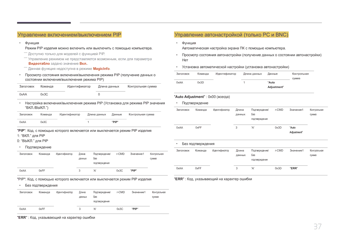 Samsung LH55UECPLGC/EN manual Управление включением/выключением PIP, Управление автонастройкой только PC и BNC 